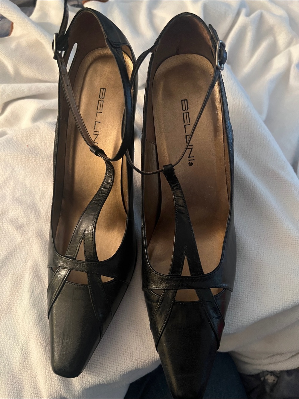 Bellini Black Leather T-Strap Pointed Toe Heels